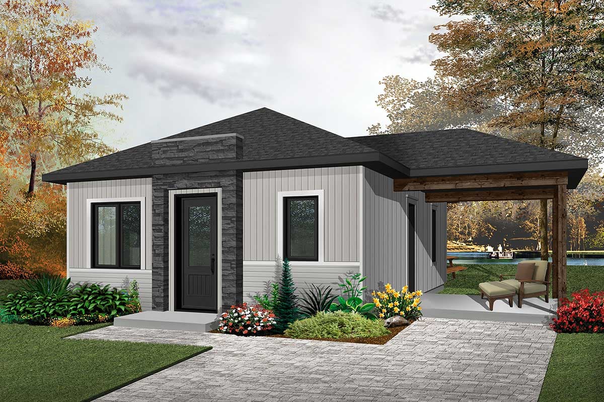 House plan exterior: One-story Modern style home with a covered entry, stone accent facade, and gable roof.