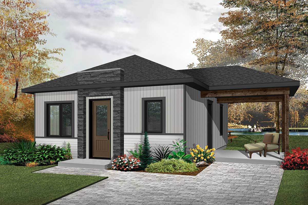 House plan exterior with a mix of vertical and horizontal siding, stone accent around door, and covered carport with timber posts.