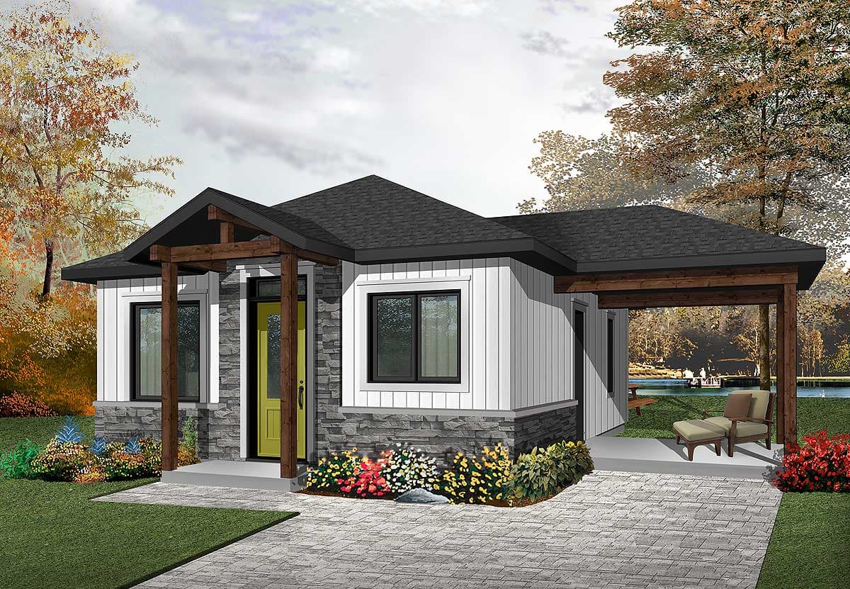 House plan exterior with modern farmhouse style, stone and vertical siding, exposed beam entry, and covered carport.