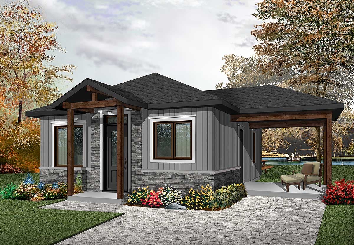 House plan exterior with stone and vertical siding, covered entry with wood beams, and adjoining covered patio.