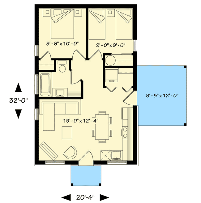 Plan 22405DR: Two Bedroom Tiny Cottage - Floor Plan - Main Level - Cottage, Northwest, Vacation