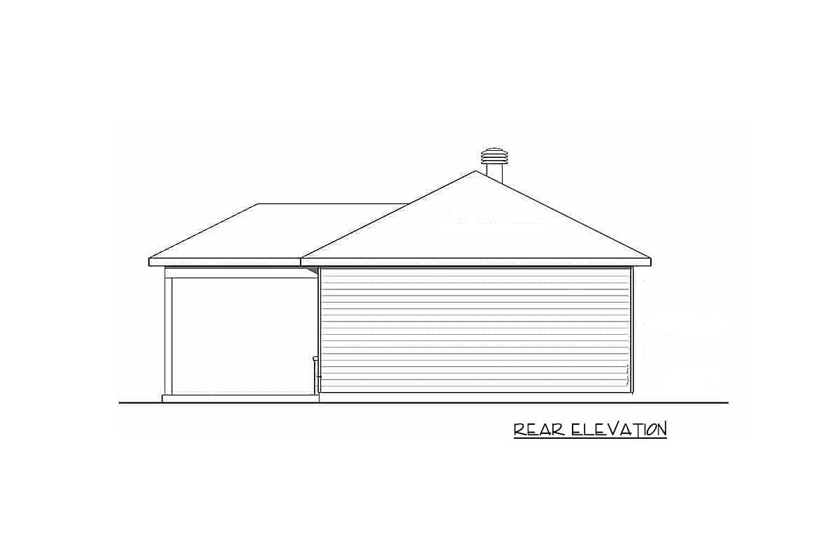 Rear elevation of a house plan showing a covered patio, clapboard siding, and a gabled roof with a chimney.