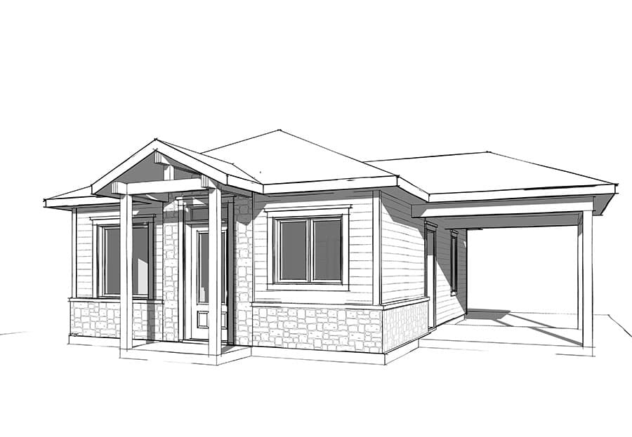 House plan exterior: single-story home with stone base, covered entry porch, and attached carport.