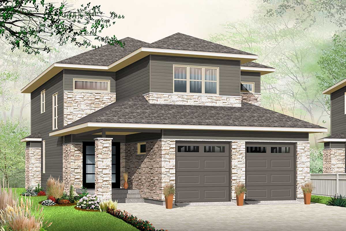 House plan exterior: Two-story modern home with stone accents, covered entry, and a side-facing double garage.