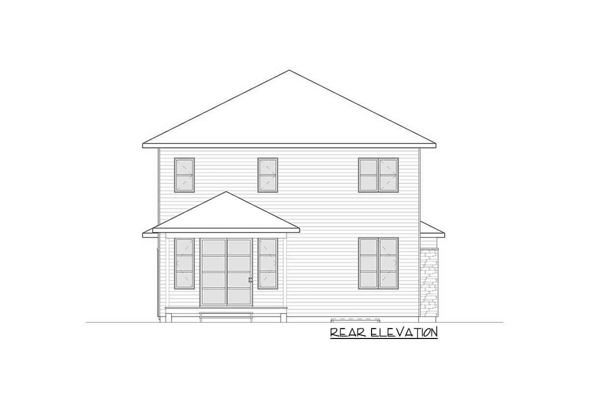Rear elevation drawing of a two-story house with a gable roof, central porch, and double doors.