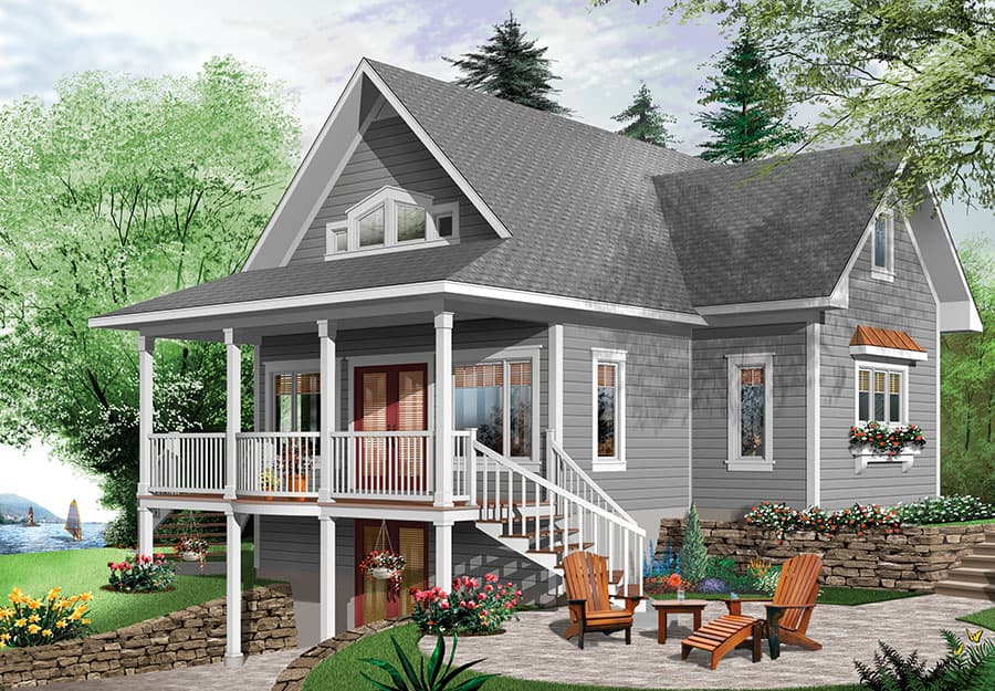 House plan exterior: Two-story home with a wraparound porch, gables, dormer windows, and a prominent gable vent.