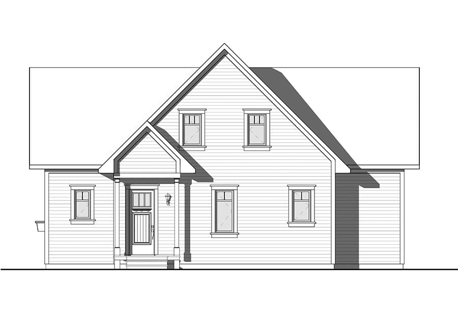 House plan exterior. Two-story home with front-facing gable, covered entry porch, and multiple dormer windows.