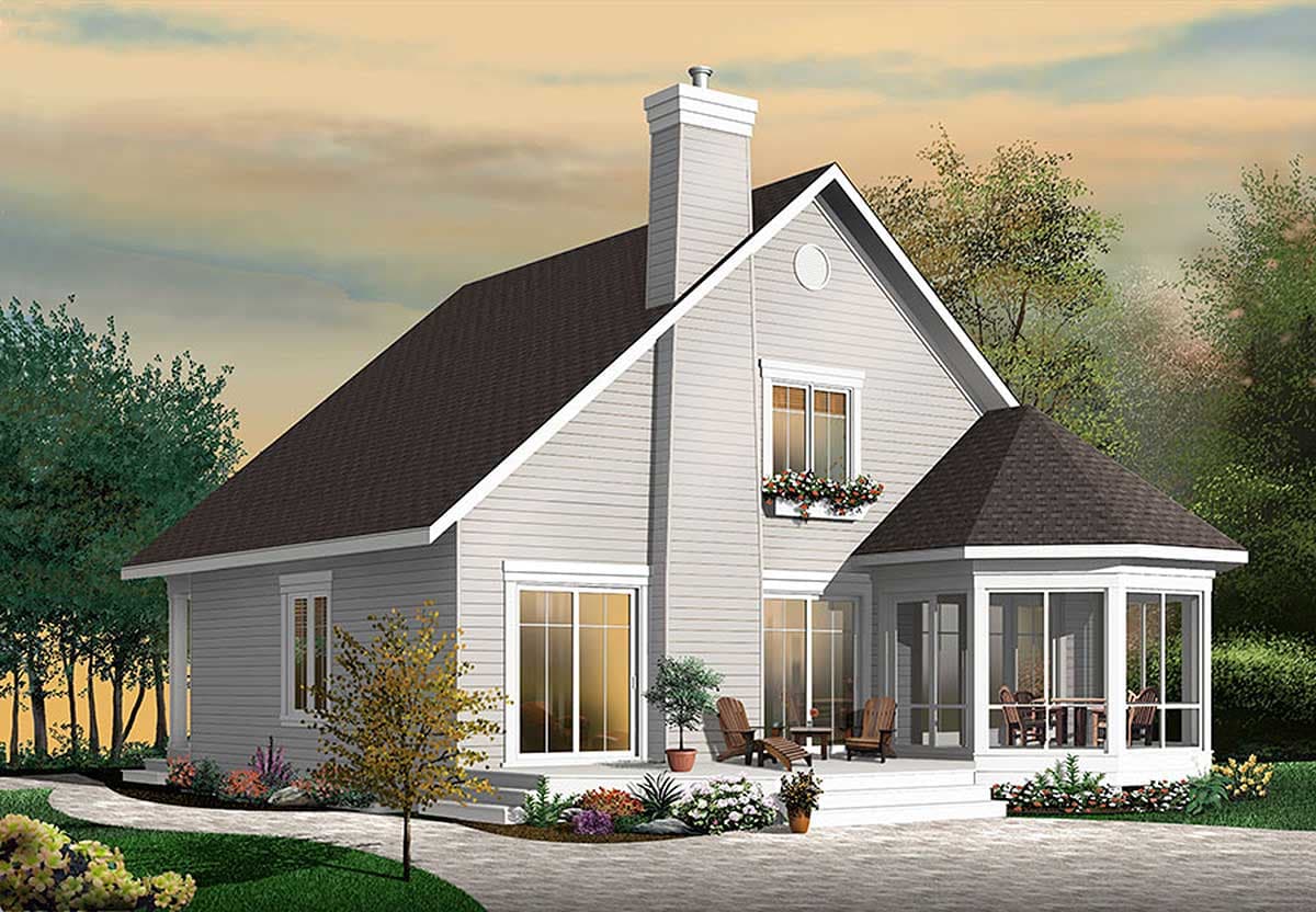 House plan exterior with gable roof, prominent chimney, and screened-in sunroom with hexagonal roof.
