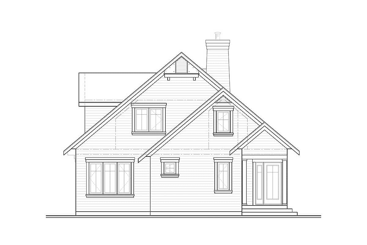 House plan exterior elevation: Two-story home with gables, prominent chimney, dormer windows, and covered entry.
