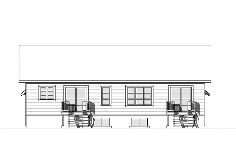 House plan exterior drawing of a single-story home with horizontal siding, multiple windows, and two exterior staircases leading to decks.
