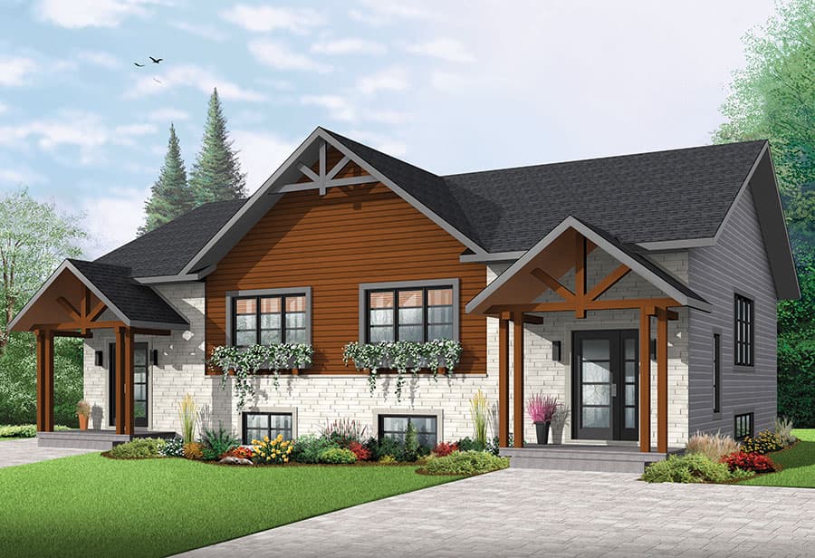 House plan exterior: Modern style two-story home with stone and wood siding, prominent gables, and covered entryways with exposed beams.