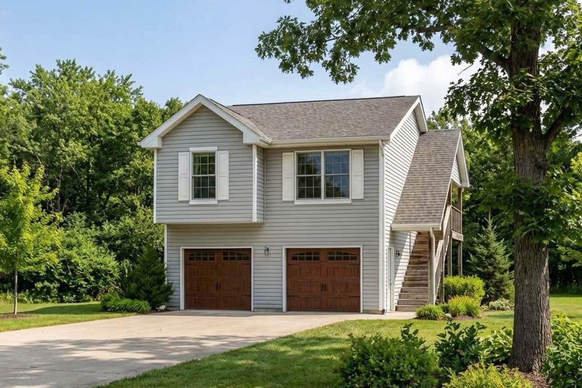House plan exterior: Two-story home with double garage, gable roof, dormer windows, and side staircase.