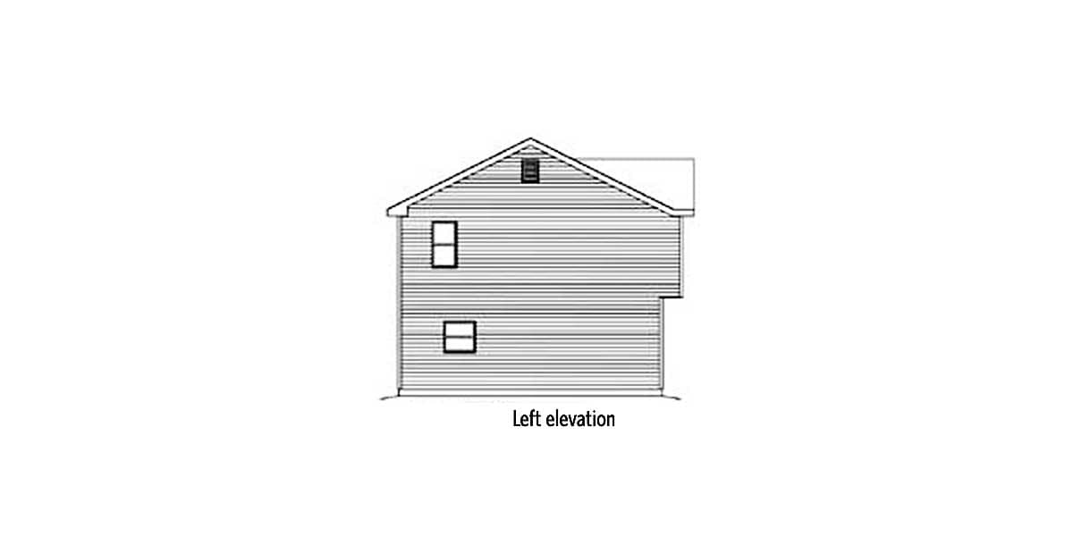 Left elevation of a two-story house plan with siding, two windows on the main level, and a dormer in the gable.