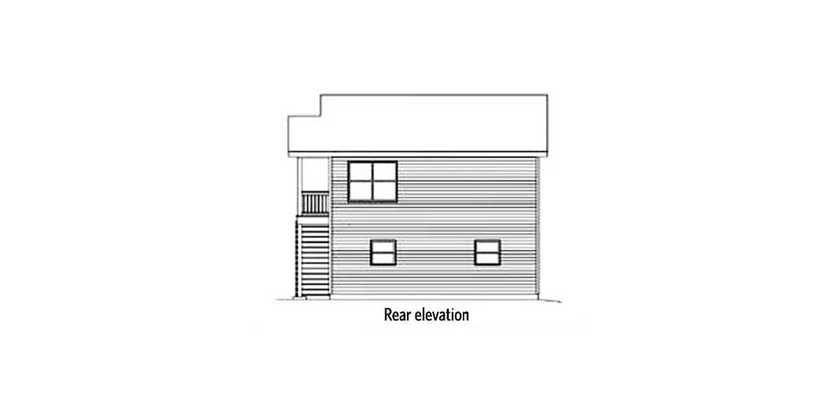 Rear elevation drawing of a two-story house with horizontal siding, a central upstairs window, and two downstairs windows.