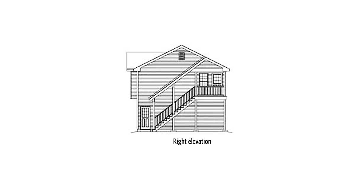 Right elevation drawing of a house plan with an exterior staircase to a second-level deck and entrance.