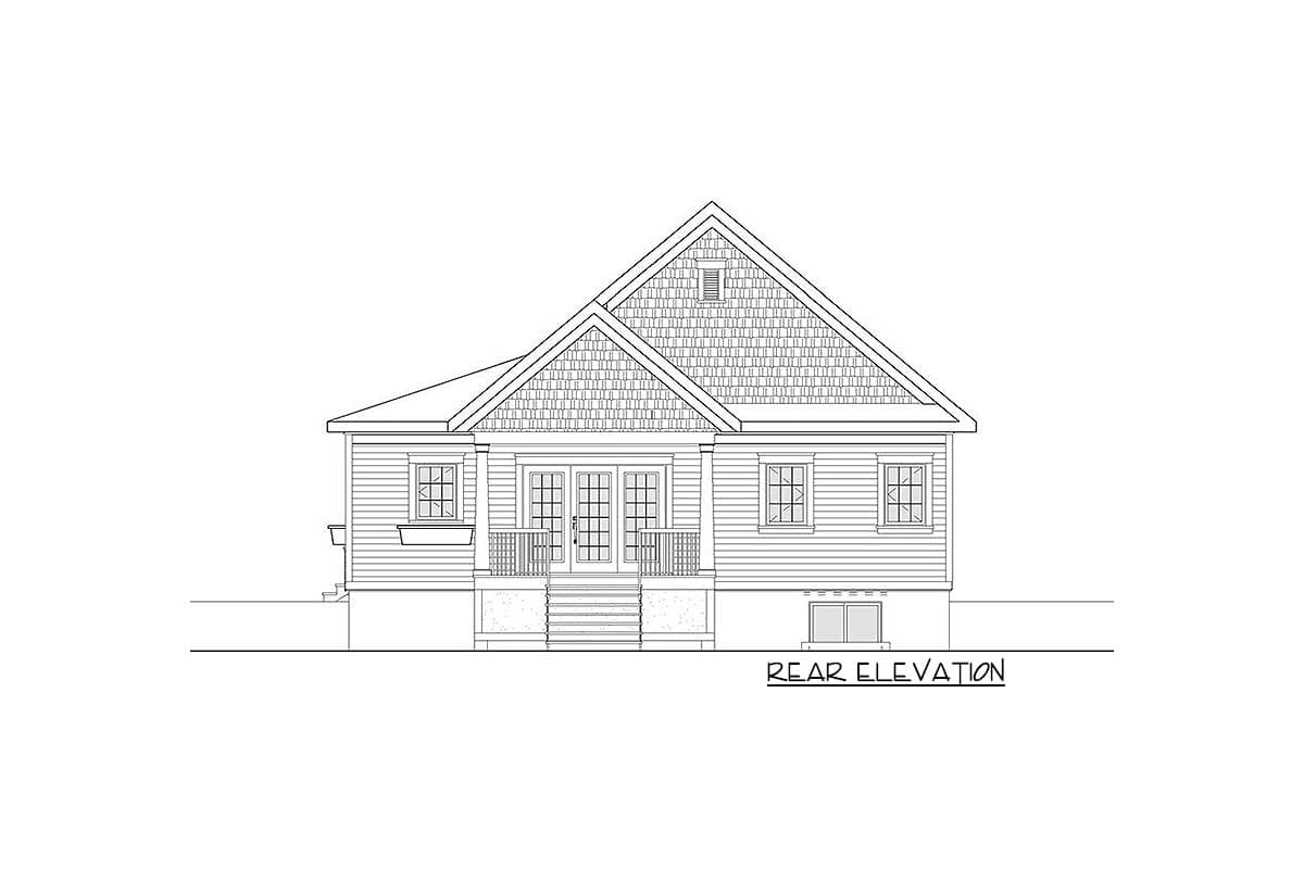 Rear elevation drawing of a house plan featuring double doors, two windows, and a prominent gable with decorative siding.