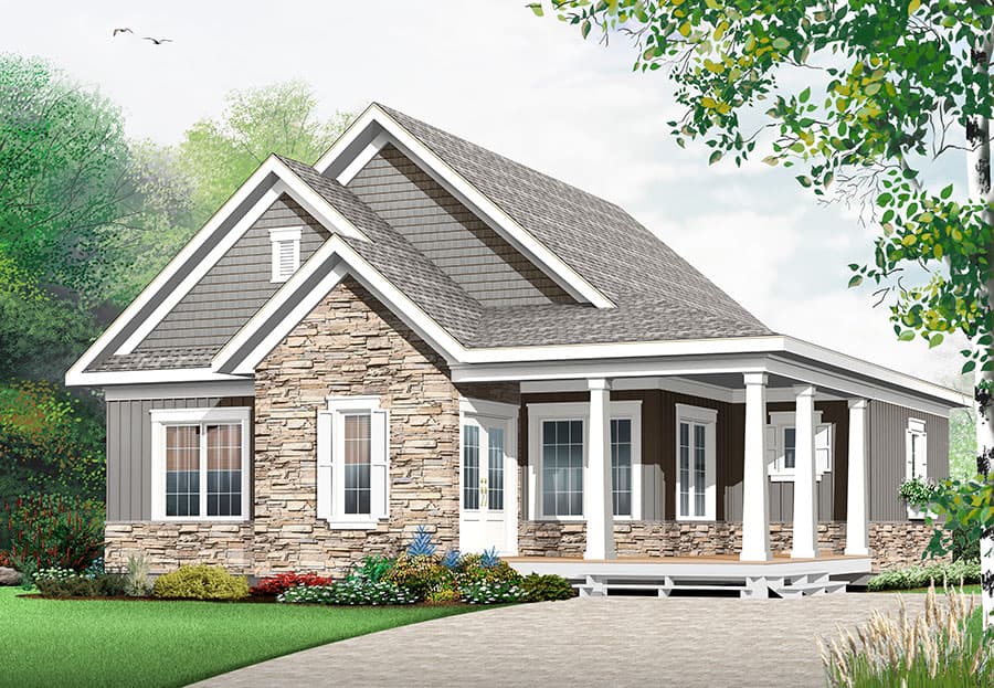 House plan exterior: Ranch style, single story, with stone and shingle siding, gabled dormers, and a covered front porch with square columns.