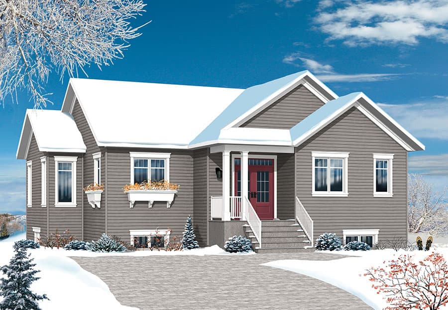 House plan exterior: Two-story home with gabled rooflines, covered porch with red door, and multiple windows.