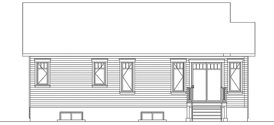 House plan rear elevation showing horizontal siding, double door entry with steps, and multiple windows.