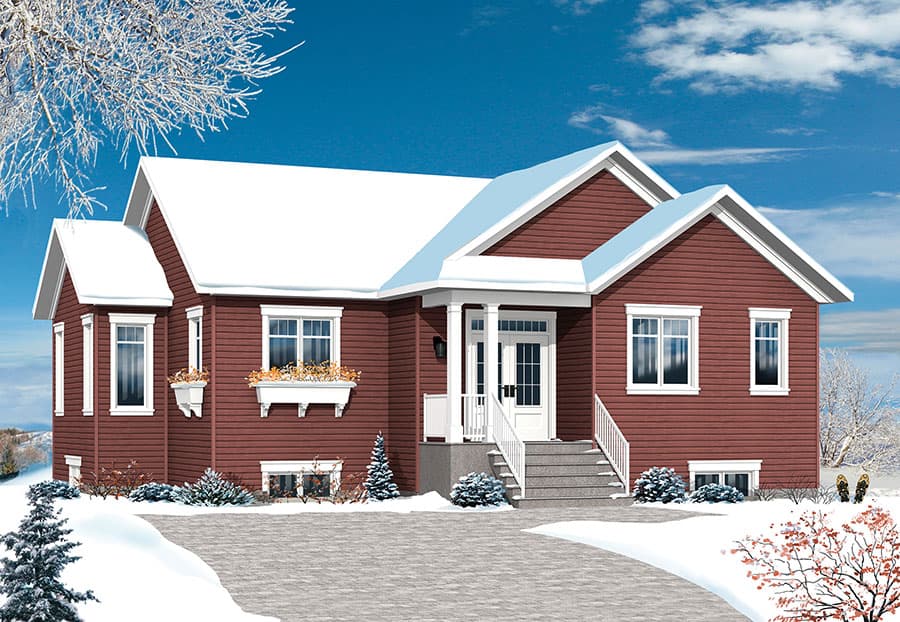 House plan exterior: One-story home with a covered front porch, prominent gables, and decorative window boxes.