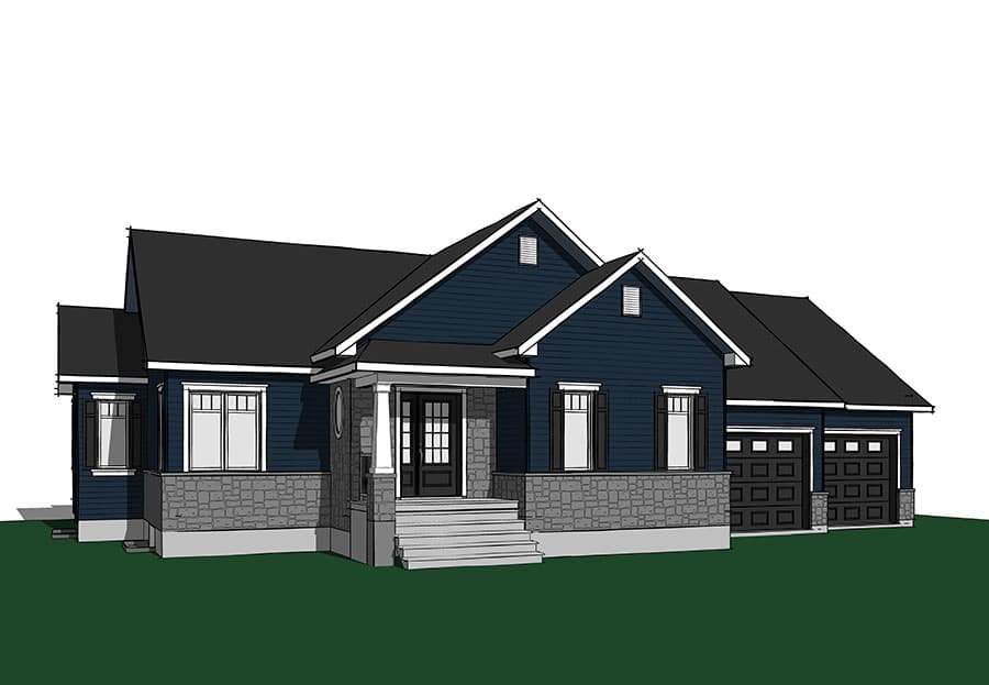 Ranch house plan exterior with a covered entry porch, stone base, gabled dormers, and a three-car garage.