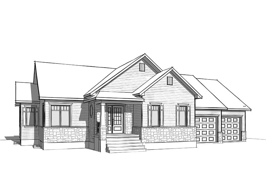 House plan exterior drawing of a one-story house with a covered front porch, stone accents, gables, and a three-car garage.