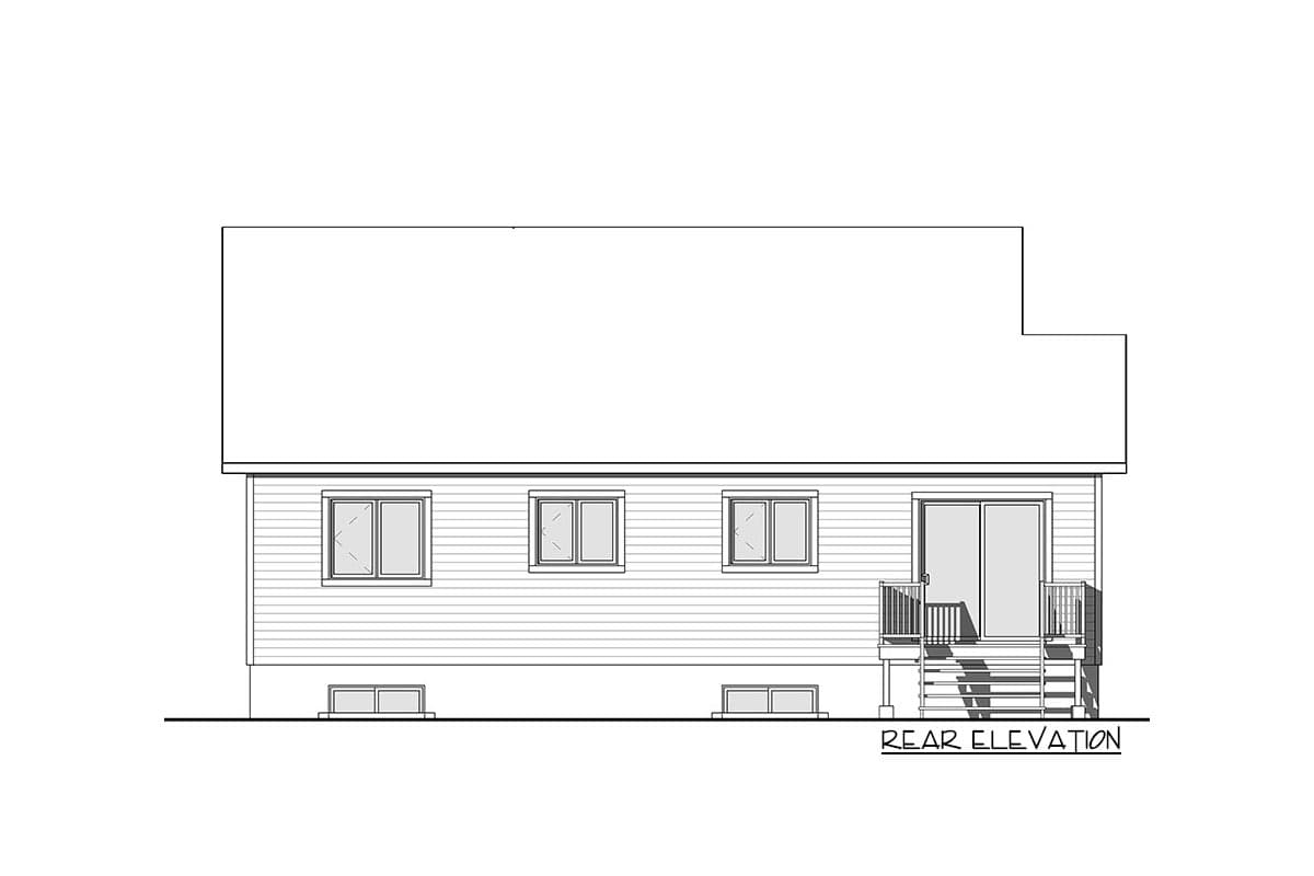 Rear elevation drawing of a house plan showing siding, windows, a sliding glass door with a deck, and stairs.
