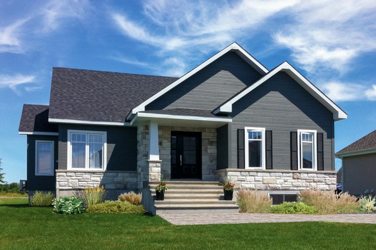 House plan exterior with stone veneer, gabled roof, and covered entry porch. Features include shutters and a multi-pane front door.