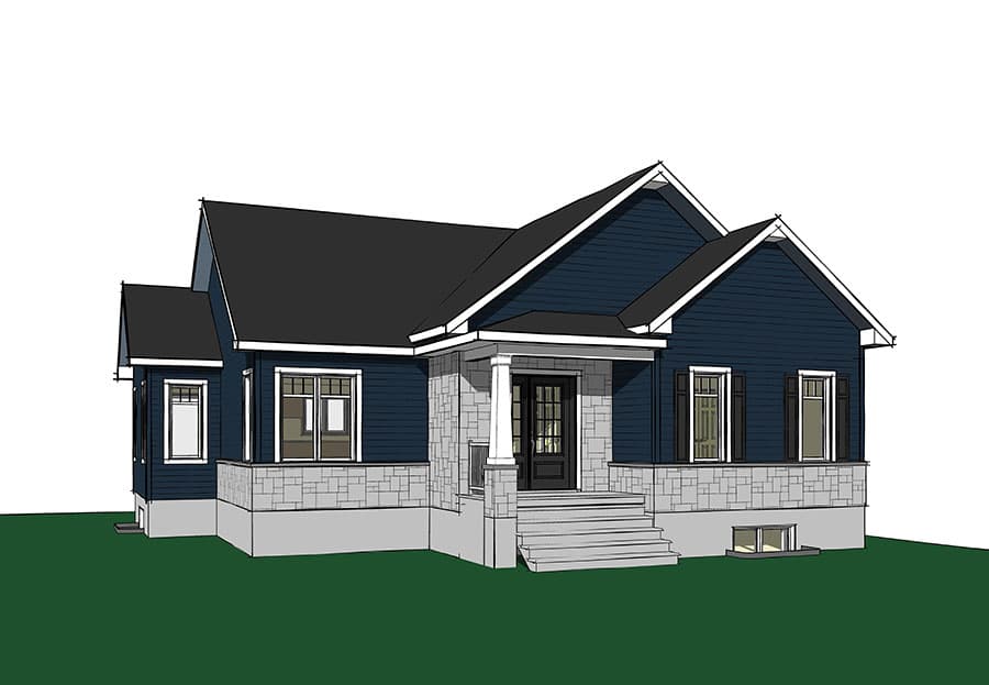 House plan exterior of a one-story home with a covered front porch, gables, and stone accent siding.