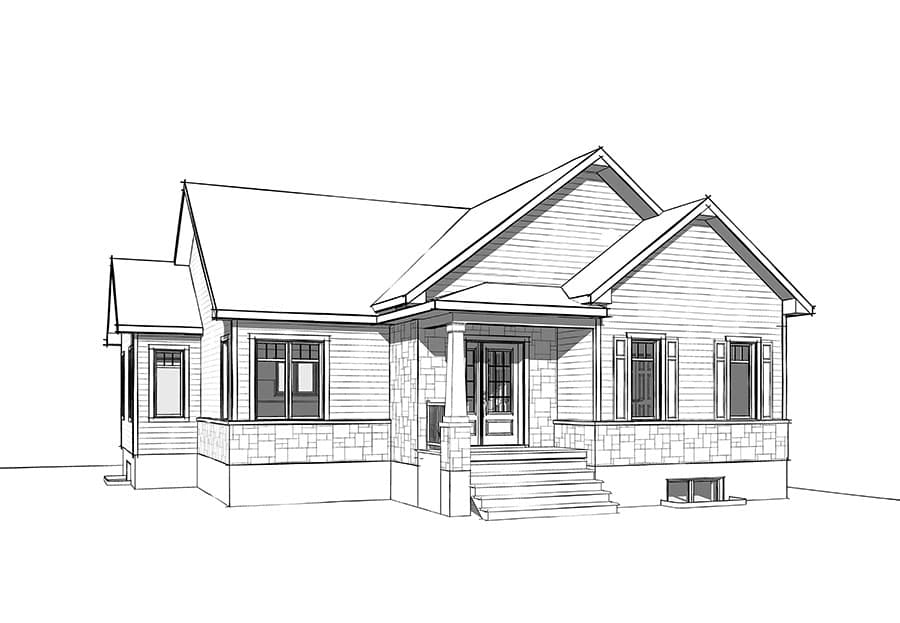 House plan exterior rendering. Single-story home with a gabled roof, covered porch with stone accents, and multiple windows.