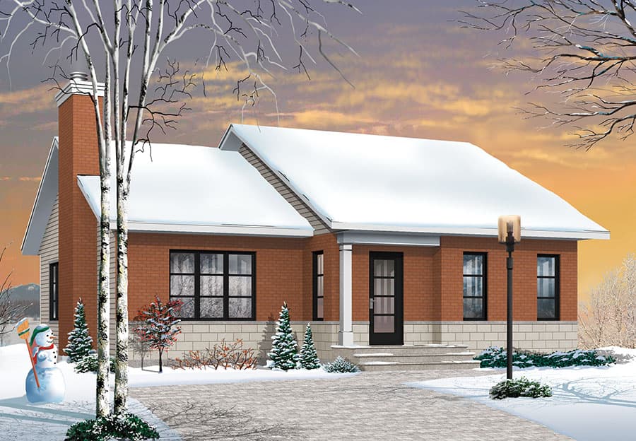 House plan exterior: Single-story brick home with gabled roof, prominent chimney, and covered entryway with columns.