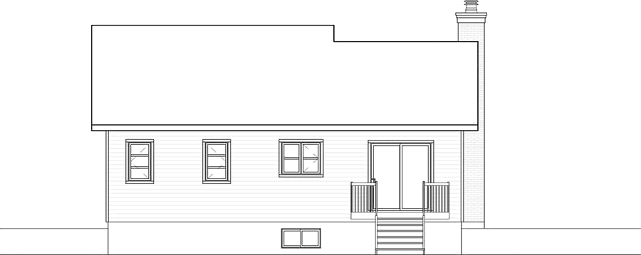 House plan rear elevation drawing showing vinyl siding, three windows, sliding glass doors with deck, stairs, and a brick chimney.