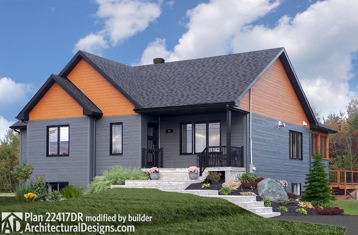 House plan exterior of a two-story home with gabled rooflines, horizontal siding, an elevated porch, and prominent orange gables.