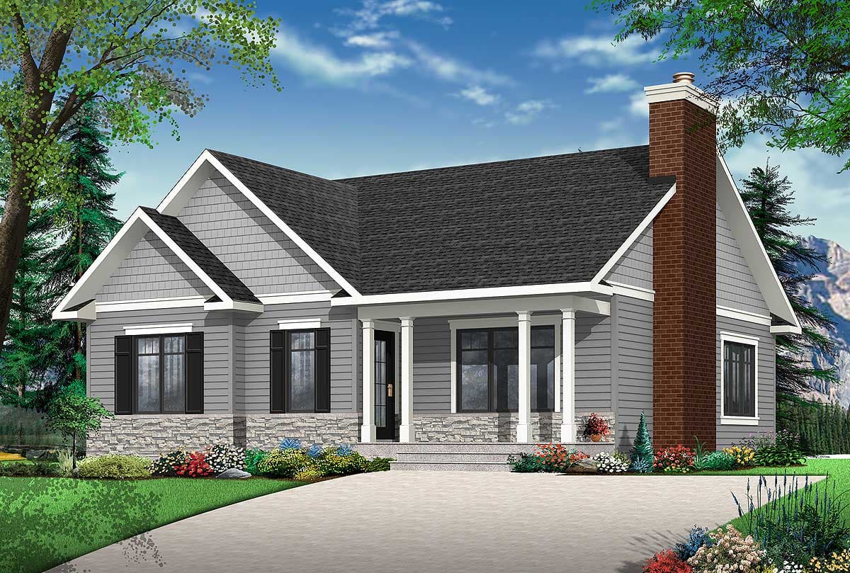 House plan exterior: One-story home with gable dormers, a stone foundation, a covered porch with columns, and a brick chimney.