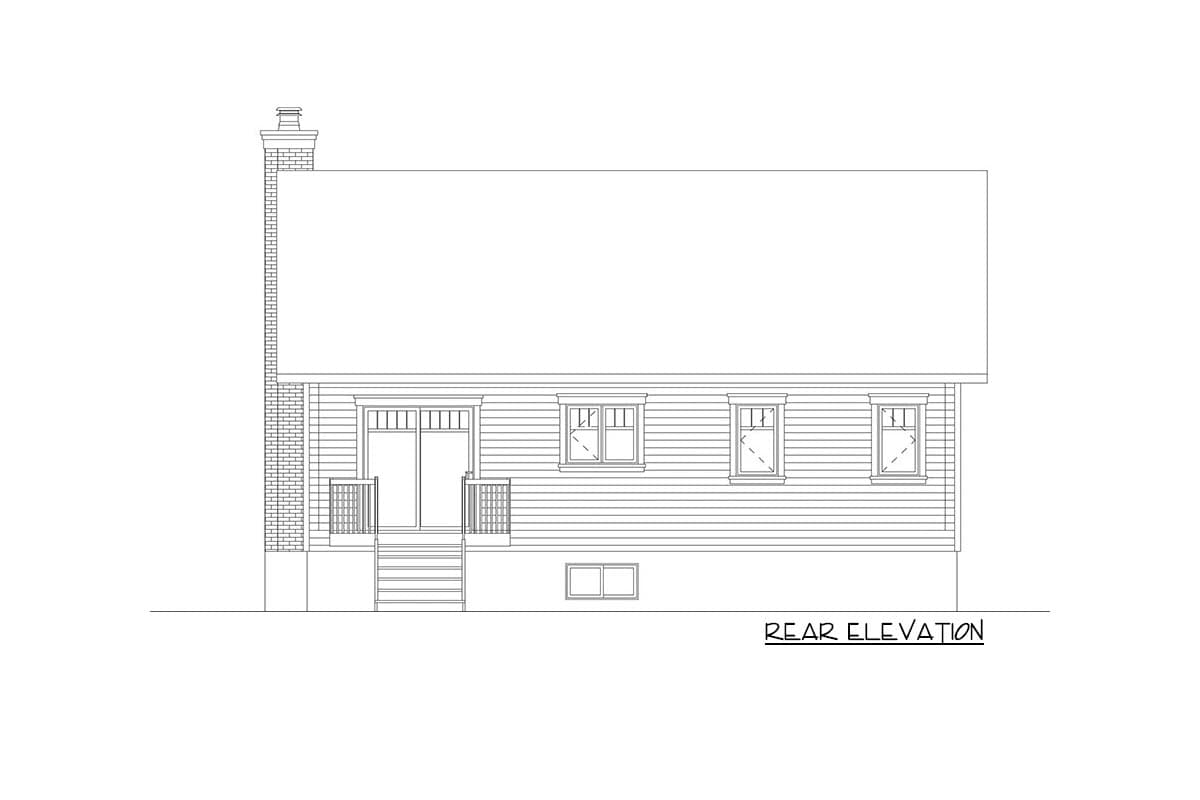 Rear elevation of a house plan, featuring double doors, railings, stairs, three upper windows, and one lower window.