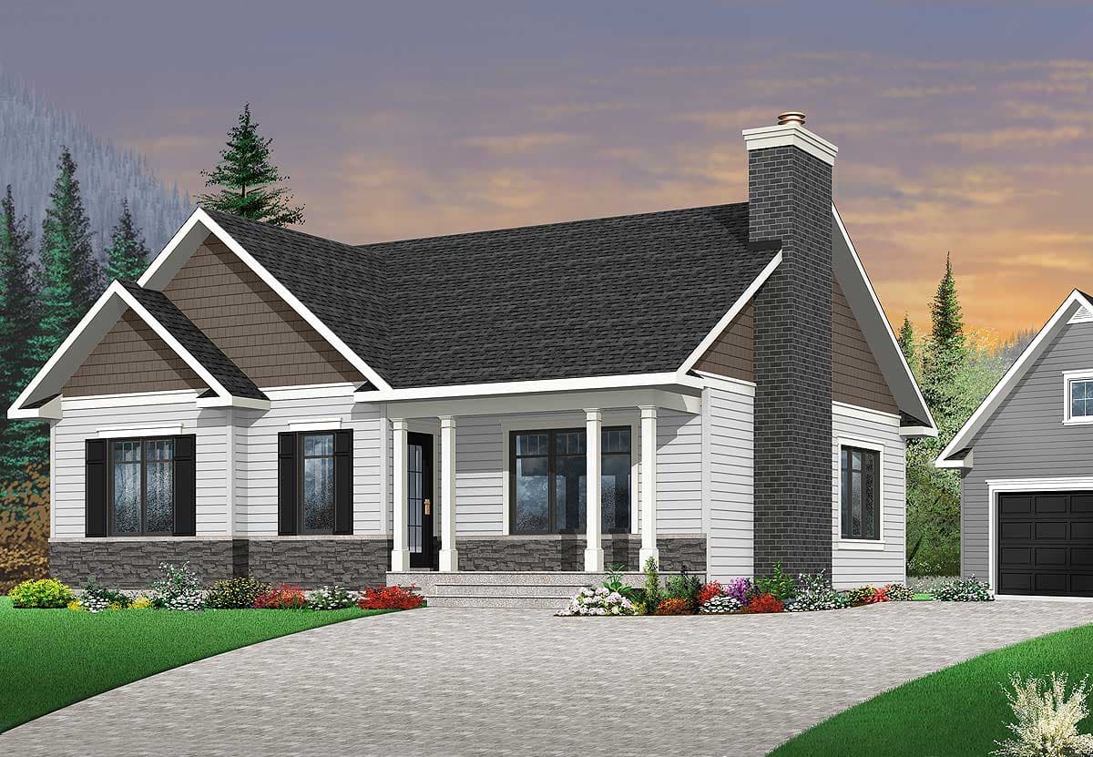 House plan exterior: single-story, hip roof, prominent brick chimney, covered front porch with columns, gable dormers.