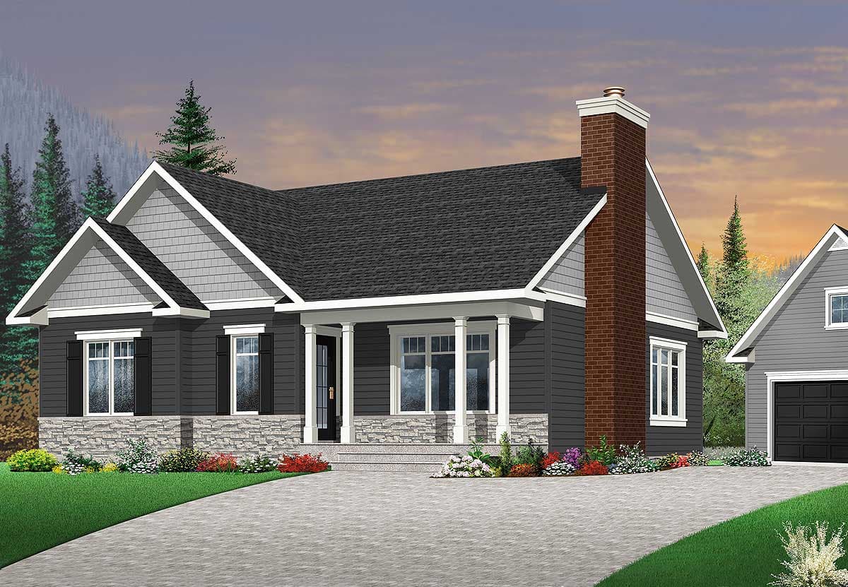 House plan exterior: One-story Modern Farmhouse with gabled dormers, stone base, and covered front porch with columns.
