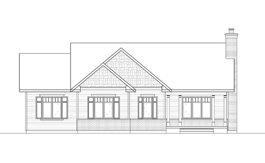 House plan exterior elevation of a single-story home with a covered front porch, gabled rooflines, and a prominent brick chimney.