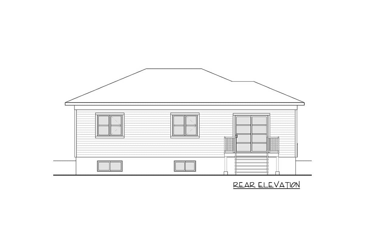 Rear elevation drawing of a house plan with a pitched roof, double doors to a deck, and multiple windows.