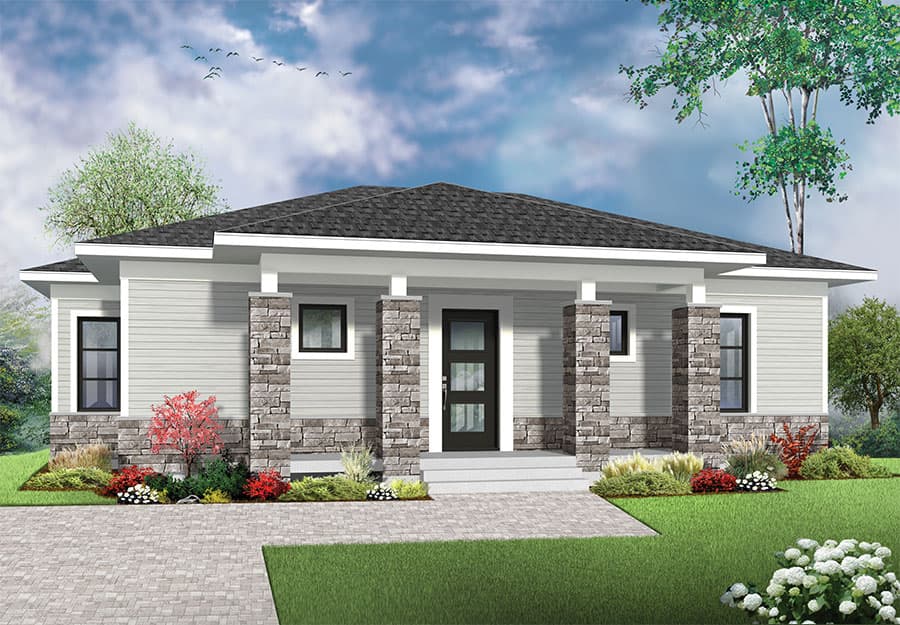 House plan exterior: Ranch style with a low-pitched roof, covered entry with stone-clad columns, and horizontal siding.