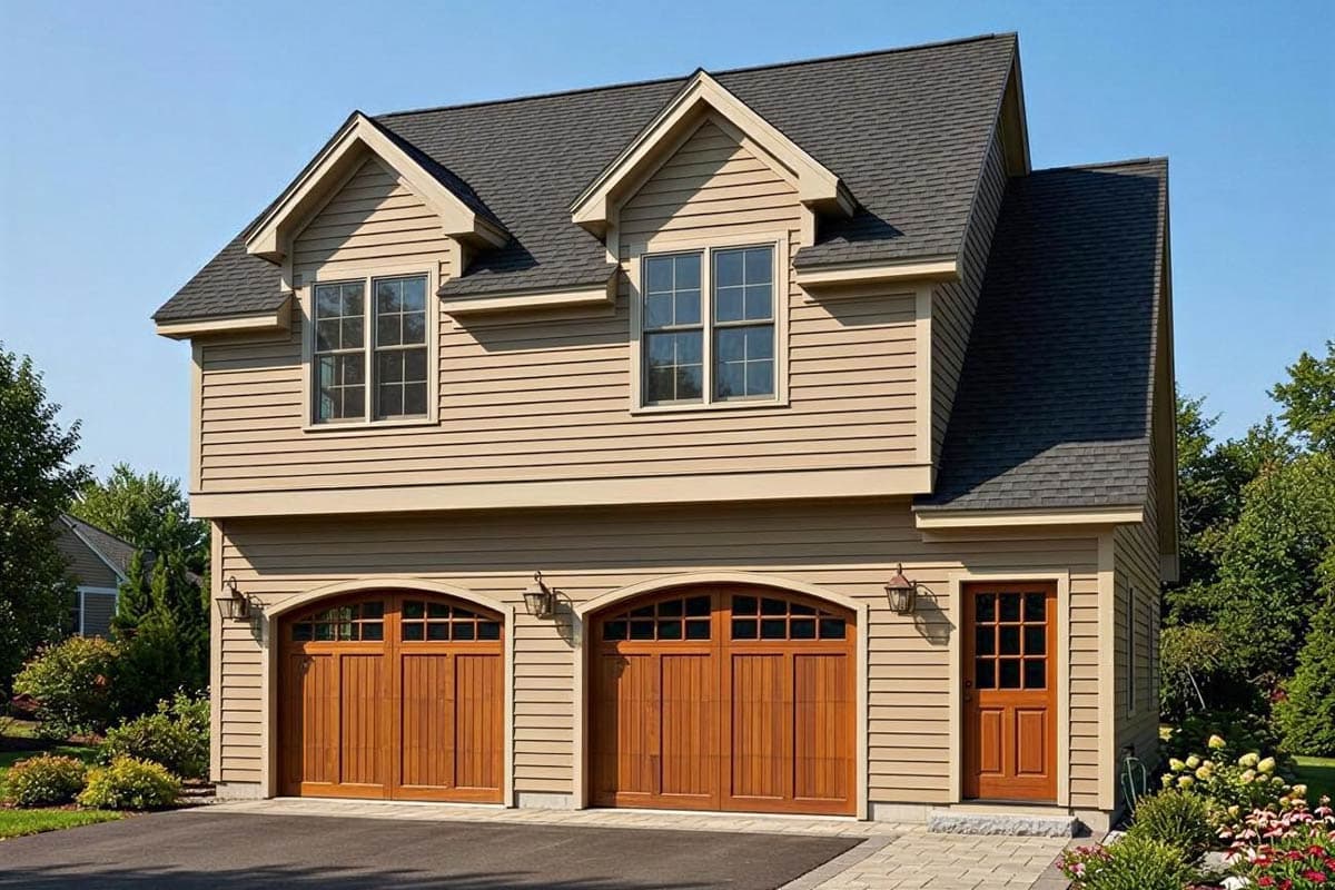 House plan exterior: Two-story home with two garage doors, dormer windows, and a prominent front door.