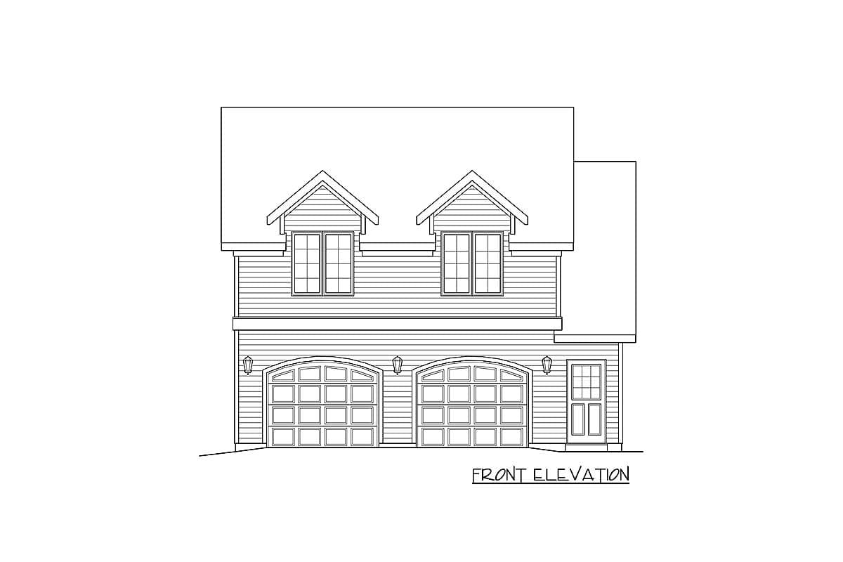 Front elevation drawing of a two-story house plan with a side-entry two-car garage, two dormers, and horizontal siding.