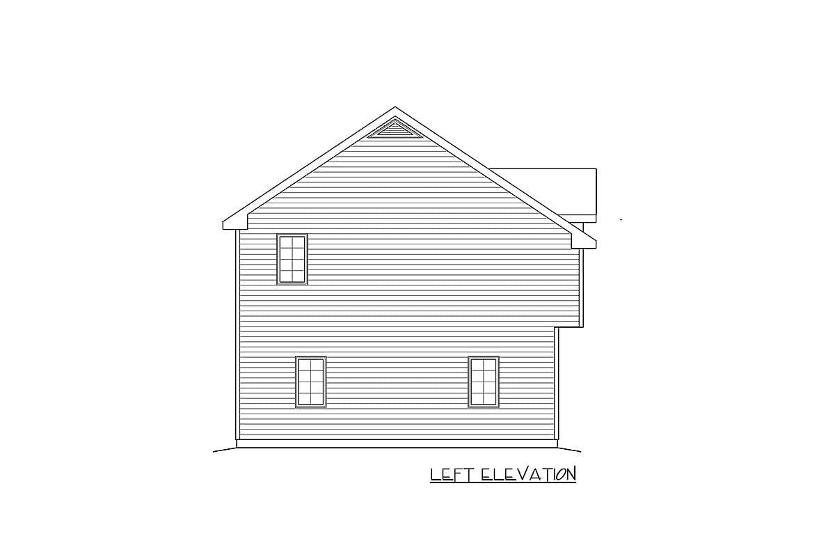 Left elevation drawing of a two-story house plan with horizontal siding and multiple windows.