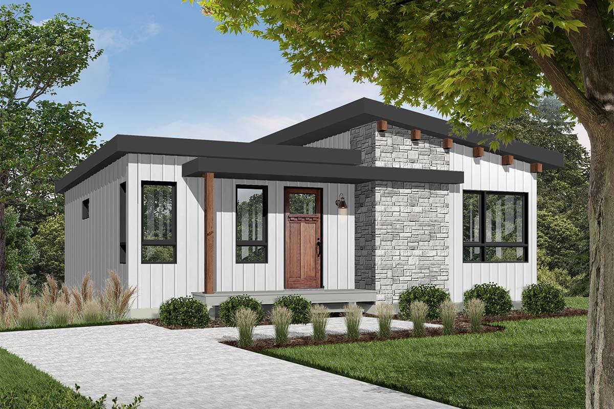 House plan exterior. Modern style, single story. Features include flat roof, stone facade accent, and covered entry porch with wooden columns.