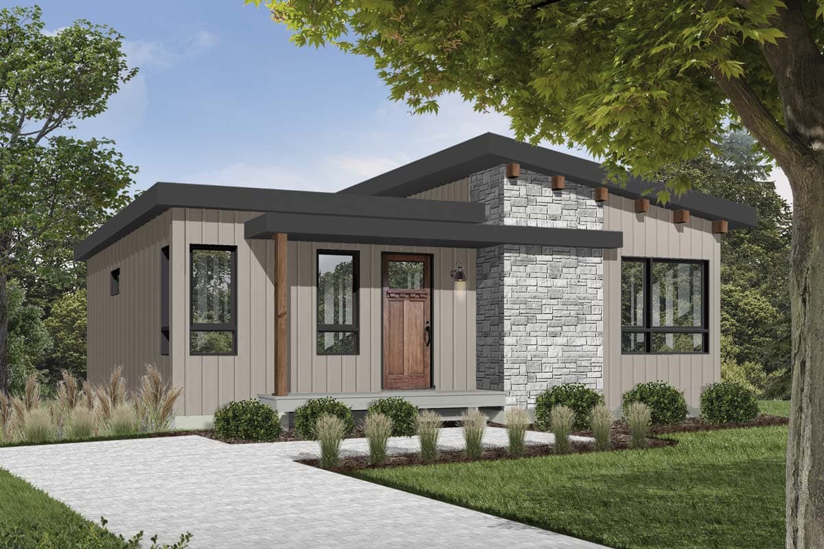 Modern house plan exterior with stone accent wall, vertical siding, flat roof, and covered entry with wood door.