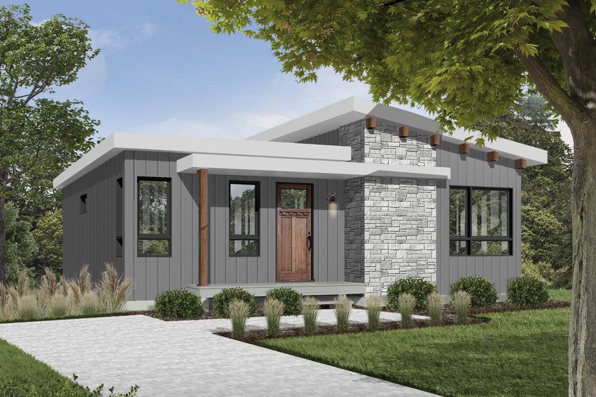 House plan exterior: Modern style, one story, with vertical siding, stone accent, cantilevered roof, and exposed rafter tails.