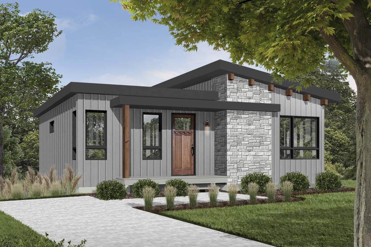 House plan exterior: Modern home with vertical siding, stone accents, cantilevered roof, and covered entry porch with wood post.