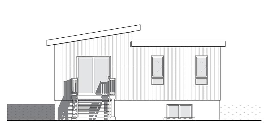 House plan elevation drawing of a modern one-story house with a shed roof, sliding glass door, and multiple windows.