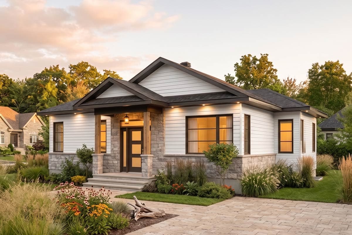 House plan exterior. Modern style, single-story home with a gabled roof, stone facade, and covered front porch.