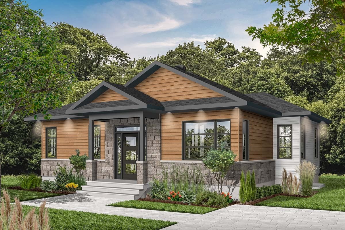 House plan exterior: Single-story modern home with stone and wood siding, gabled rooflines, and covered entry.